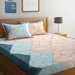 KLOTTHE Blue & Red Geometric 300 TC 2 King Bedsheet With 4 Pillow Covers-4