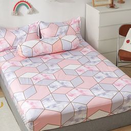 JC HOME Pink & Blue Geometric Printed 150 TC Fitted Single Bedsheet & Pillow Cover-image-30