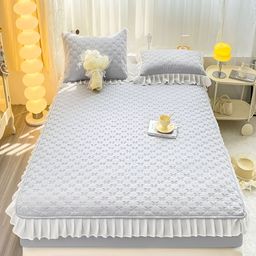 JC HOME Grey & White Self Design 160 TC King Ruffle Fitted Bedsheet With 2 Pillow Covers-10