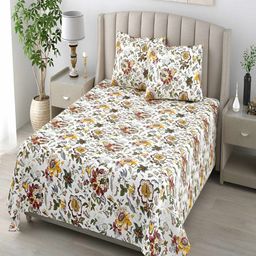 tundwal's Yellow & White Floral Cotton 210 TC King Bedsheet with 2 Pillow Covers-image-60