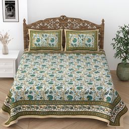 Comfowell White & Green Floral Printed Single 244 TC Bedsheet with 2 Pillow Covers-image-27