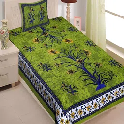 Aura Green & Blue Floral 120 TC Single Bedsheet With Pillow Cover-image-52
