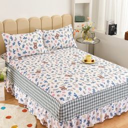 JC HOME Off White & Blue Floral Printed 200 TC King Bed Cover with 2 Pillow Covers-image-79