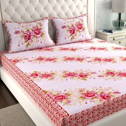 LA VERNE White & Rose Floral 140 TC Cotton King Bedsheet With 2 Pillow Covers-image-89