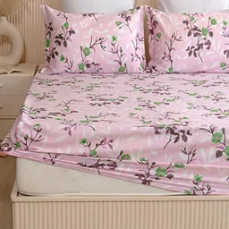 HOMEMONDE Pink & White Printed Cotton 210 TC Fitted Queen Bedsheet with 2 Pillow Covers-image-32