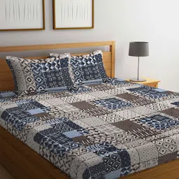 KLOTTHE Brown & Blue Geometric Printed 300TC Fitted Double Bedsheet with 2 Pillow Covers-11