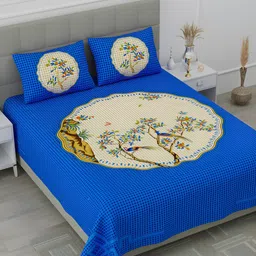 POORAK Blue & Brown Floral 104 TC Queen Bedsheet with 2 Pillow Covers-image-53