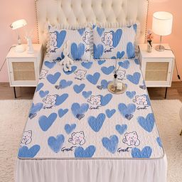 JC HOME White & Blue Graphic Fitted 160 TC King Frill Bedsheet With 2 Pillow Covers-image-45