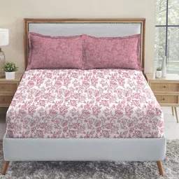 MYTRIDENT White  Pink Floral 144 TC Queen Bedsheet with 2 Pillow Covers-image-88