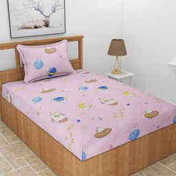 BREVARD Pink & Blue Conversational 210 TC Single Bedsheet with 1 Pillow Cover-picture-8