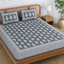 SheetKart Jaipuri Grey & White Printed Cotton 144 TC Queen Bedsheet with 2 Pillow Covers-image-1