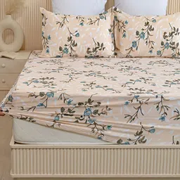 HOMEMONDE Beige & Blue Printed Cotton 210 TC Fitted King Bedsheet with 2 Pillow Covers-image-62