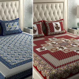 LA VERNE Blue & Maroon Graphic 104 TC 2 Queen Bedsheet with 4 Pillow Covers-image-58