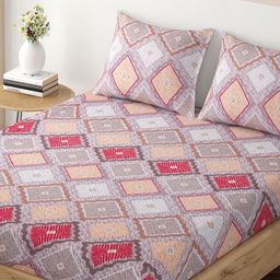 HOKIPO Brown Geometric Printed120 TC Microfiber Single Fitted Bedsheet With Pillow Cover-picture-28