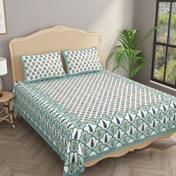 Gulaab Jaipur White & Green Floral Printed 330 TC Cotton King Bedsheet & 2 Pillow Covers-52