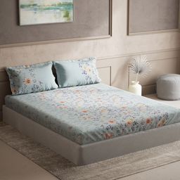 DDecor Blue & Peach-Coloured Floral 140 TC Cotton Queen Bedsheet with 2 Pillow Covers-image-44