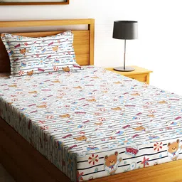 Home Sizzler White & Brown Cartoon Characters 144 TC Single Bedsheet with Pillow Cover-image-21