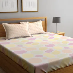 KLOTTHE Beige & Pink Printed 300TC Fitted Double King Bedsheet With 2 Pillow Covers-28