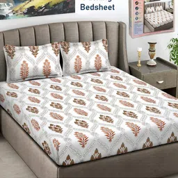 FABINALIV White & Orange Floral Printed 300 TC King Bedsheet With 2 Pillow Covers-image-95