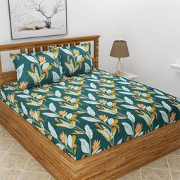 BREVARD Green & Orange Printed 210 TC Fitted Queen Bedsheet with 2 Pillow Covers-image-54