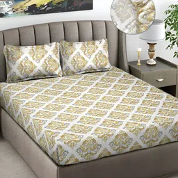FABINALIV Ethnic Motifs Print 300 TC Fitted King Bedsheet With 2 Pillow Covers-image-21