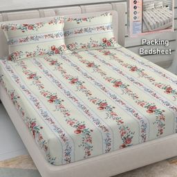 FABINALIV Cream-Coloured & Red Floral 300 TC King Bedsheet with 2 Pillow Covers-10