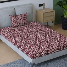 Sangria Maroon & White Geometric Printed 200TC Pure Cotton Single Bedsheet Set-image-92