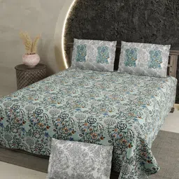 LIVING ROOTS Green & Blue Floral Pure Cotton 300 TC King Bedsheet with 2 Pillow Covers-image-13