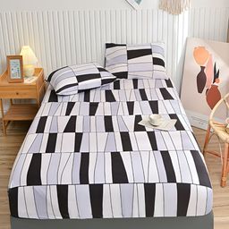 JC HOME White & Black Geometric 140 TC Fitted Queen Bedsheet with 2 Pillow Covers-15