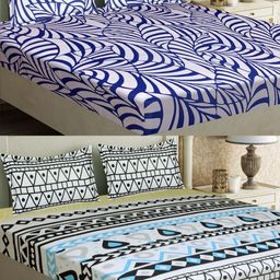 Aura White & Blue Geometric 144 TC 2 Queen Bedsheet with 4 Pillow Covers-image-66