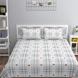 FINE TEX WORLD White & Grey Geometric 210 TC King Bedsheet with 2 Pillow Covers-28