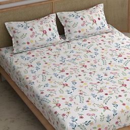 CHHAVI INDIA White & Blue Floral Microfiber 210 TC King Bedsheet with 2 Pillow Covers-picture-49