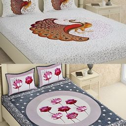 Runjhun White & Grey Floral 144 TC 2 Queen Bedsheet with 4 Pillow Covers-image-52