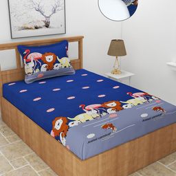 MORADO Blue & Brown Graphic 180 TC Fitted Single Bedsheet with 1 Pillow Cover-image-95