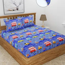 MORADO Blue & Red Conversational 210 TC Queen Fitted Bedsheet with 2 Pillow Covers-image-110
