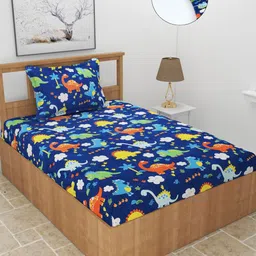 MORADO Multicoloured Conversational 210 TC Single Fitted Bedsheet with 1 Pillow Cover-image-24
