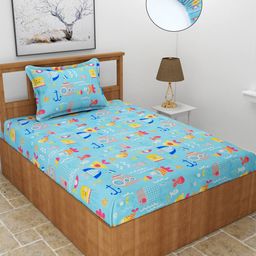 MORADO Turquoise Blue & Yellow 210 TC Single Fitted Bedsheet with 1 Pillow Covers-image-12