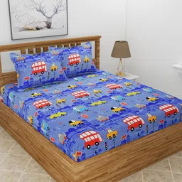 MORADO Blue & Red Conversational 210 TC Queen Bedsheet with 2 Pillow Covers-image-45
