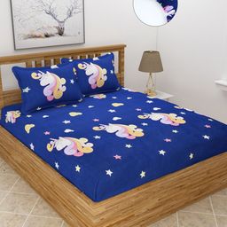 MORADO Blue & Pink Cartoon Characters 210 TC Queen Fitted Bedsheet with 2 Pillow Covers-image-98