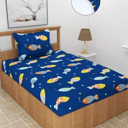 MORADO Blue & Yellow Graphic 210 TC Single Fitted Bedsheet with 1 Pillow Covers-image-92