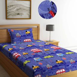 Arrabi Blue Geometric TC Cotton Blend Single Size Fitted Bedsheet with 1 Pillow Cover-36