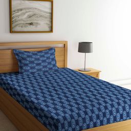 Arrabi Blue & Navy Blue Graphic 300 TC Single Bedsheet with 1 Pillow Cover-28