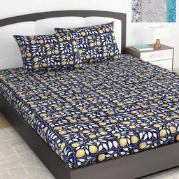 Divine Casa Navy Blue 144 TC Cotton Navy Blue Floral 2 King Bedsheet with 4 Pillowcover-image-16