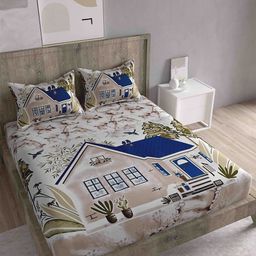 Spangle Blue & Off White Graphic 260 TC King Bedsheet with 2 Pillow Covers-image-68