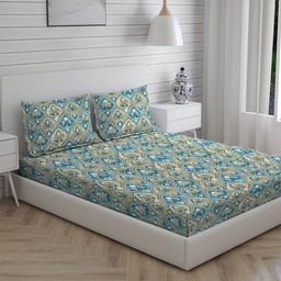 Layers Blue & Nude-Coloured Ethnic Motifs 104 TC King Bedsheet with 2 Pillow Covers-image-22