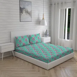 Layers Blue & Pink Floral 144 TC Cotton King Bedsheet with 2 Pillow Covers-picture-12