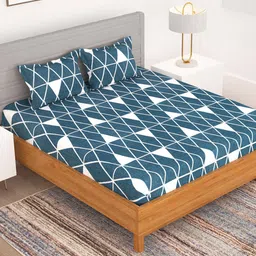 Bedspun Blue & White Geometric 150 TC Queen Bedsheet with 2 Pillow Covers-image-9