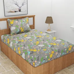 MORADO Grey & Yellow Graphic 210 TC Single Bedsheet with 1 Pillow Cover-image-94
