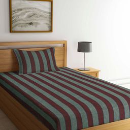 Arrabi Grey & Brown Striped 300 TC Single Bedsheet with 1 Pillow Covers-2