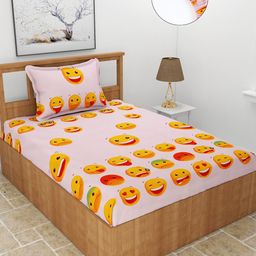 MORADO Pink & Yellow Graphic 210 TC Single Fitted Bedsheet with 1 Pillow Covers-image-54